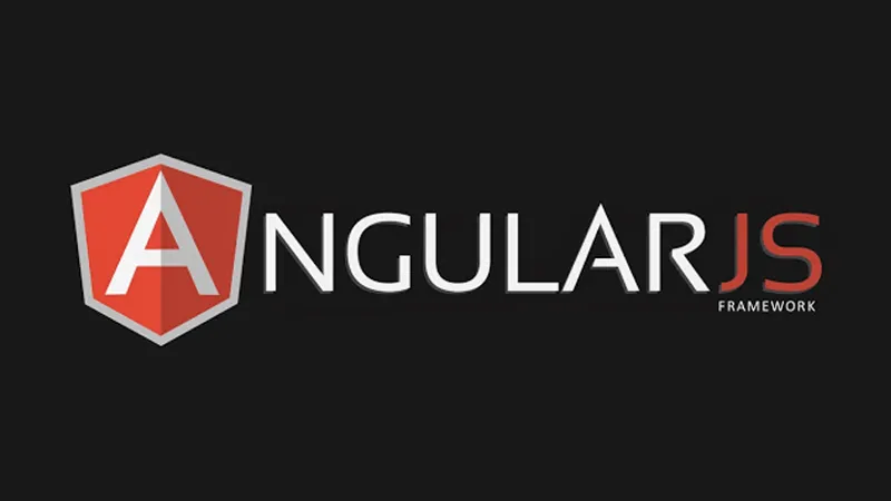 Logotipo do AngularJS: escudo vermelho com a letra A ao lado da palavra AngularJS, em fundo preto.