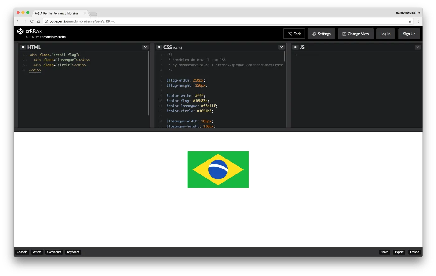 Editor do CodePen com o HTML e o SCSS da bandeira do Brasil à esquerda e a bandeira renderizada em CSS no painel de resultado.
