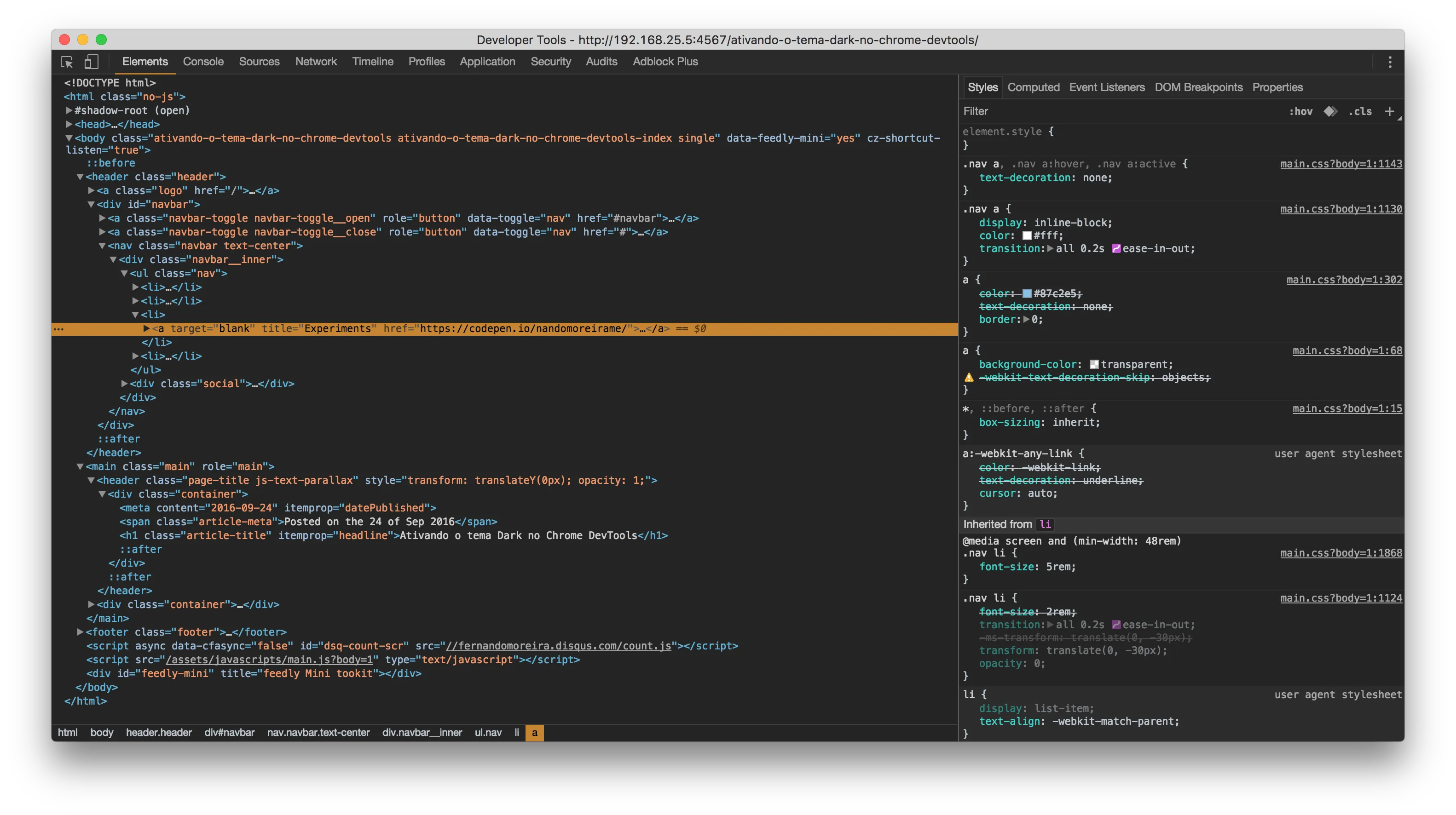 Chrome DevTools no tema escuro, com o painel Elements exibindo a árvore HTML do blog e o painel Styles à direita.