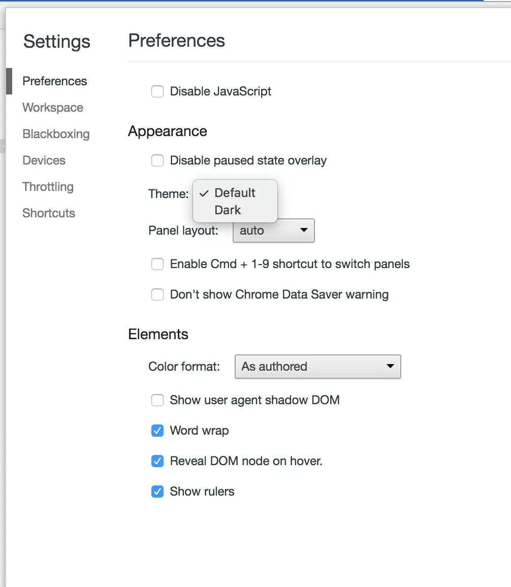 Chrome DevTools settings select