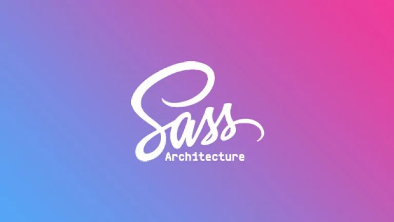 Logotipo do Sass em letra cursiva branca sobre gradiente azul e rosa, com a palavra Architecture abaixo.