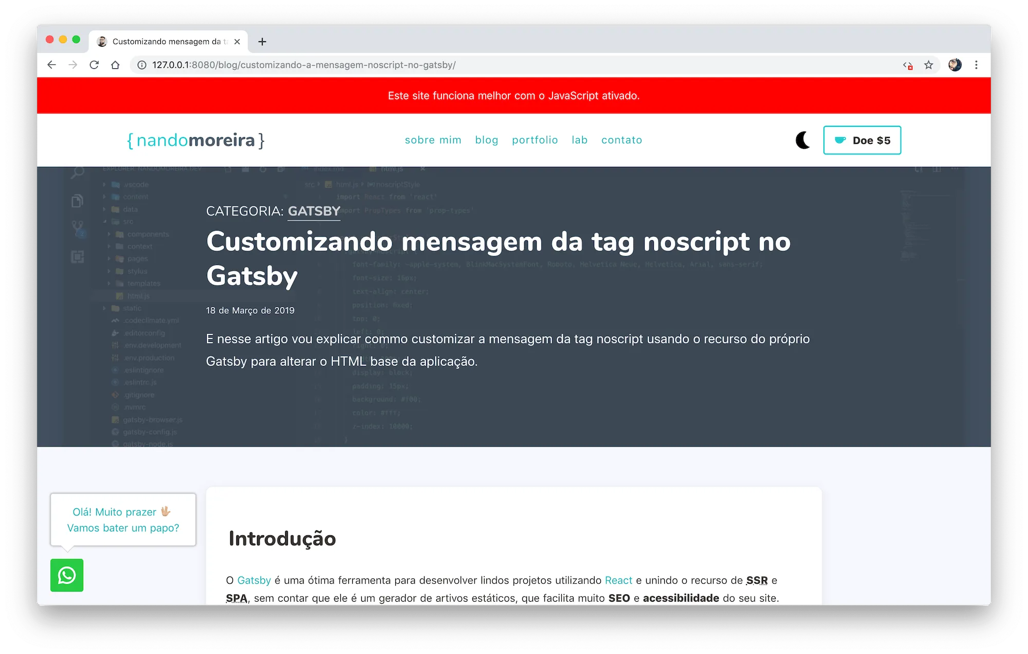 Customizando mensagem da tag noscript no Gatsby - Demonstração