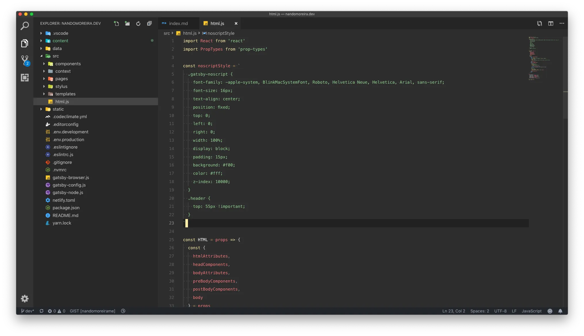 VS Code com o arquivo html.js de um projeto Gatsby aberto, exibindo a constante noscriptStyle com o CSS da mensagem noscript.