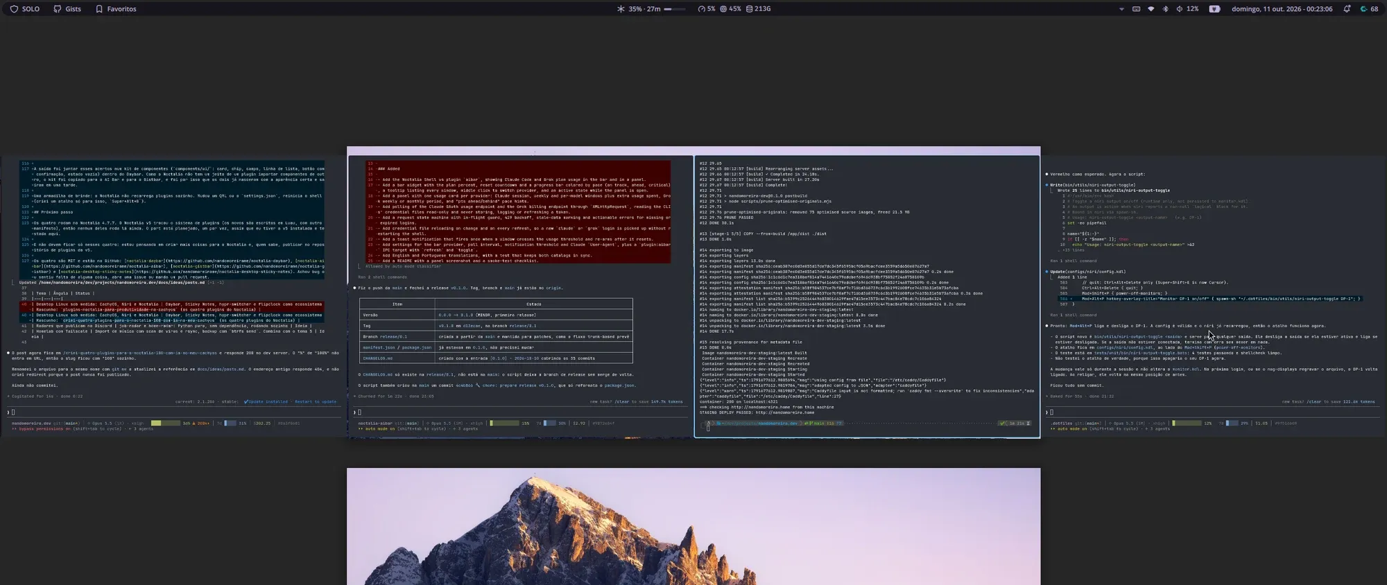 Meu desktop no CachyOS com o Niri: a barra do Noctalia no topo, com os botões do Gistbar e dos favoritos do Daybar à esquerda e o uso do Claude Code do AI Bar no centro, e abaixo uma fileira de colunas com terminais rodando o Claude Code e o papel de parede de uma montanha