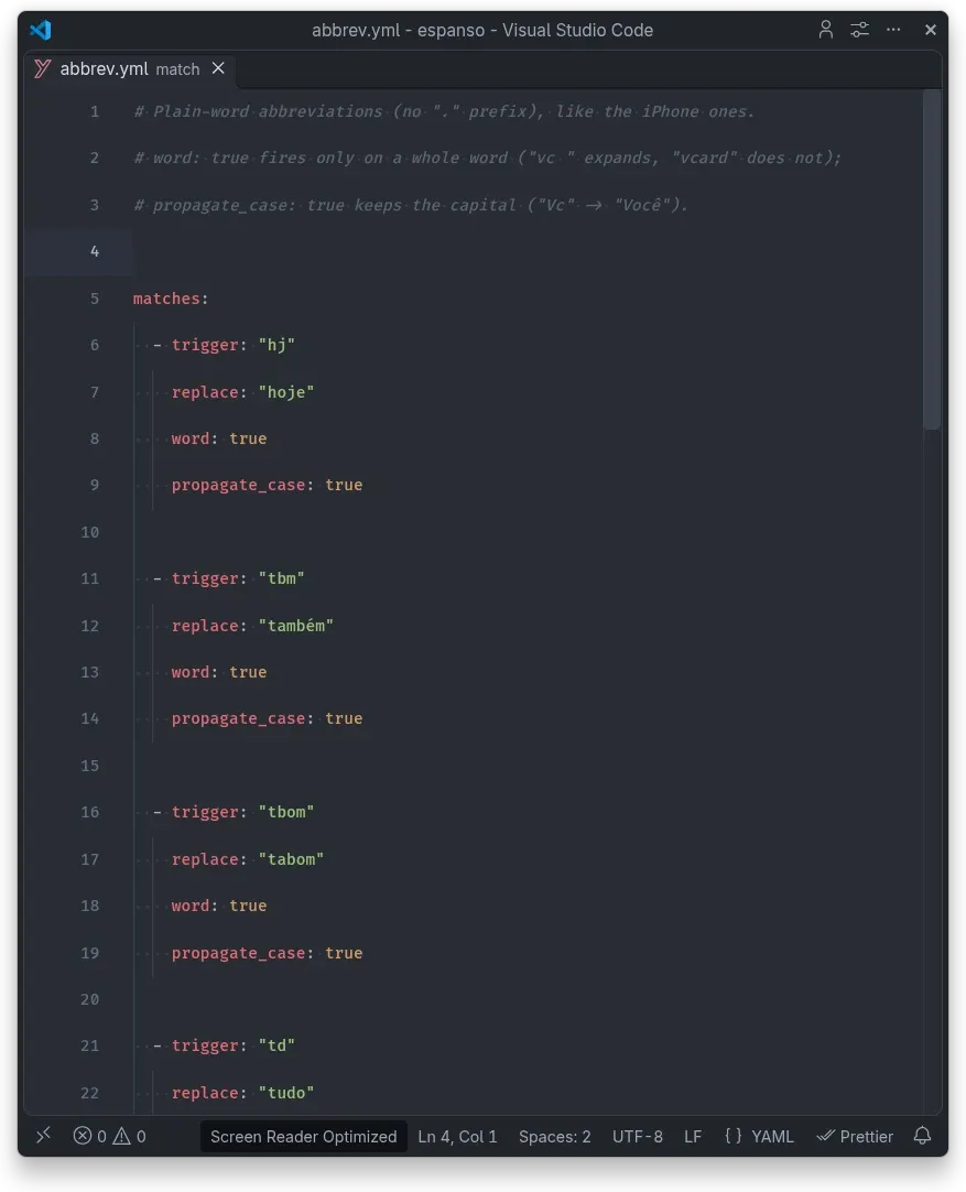O arquivo abbrev.yml aberto no VS Code, com os atalhos hj, tbm, tbom e td, cada um com word: true e propagate_case: true
