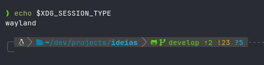 Terminal no CachyOS com o comando echo $XDG_SESSION_TYPE respondendo wayland
