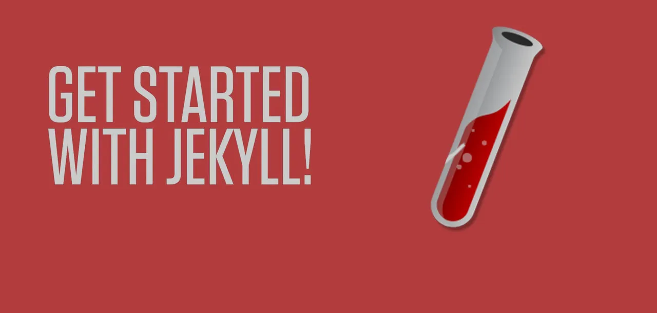 Banner vermelho com a frase Get started with Jekyll ao lado de um tubo de ensaio cheio de líquido vermelho.