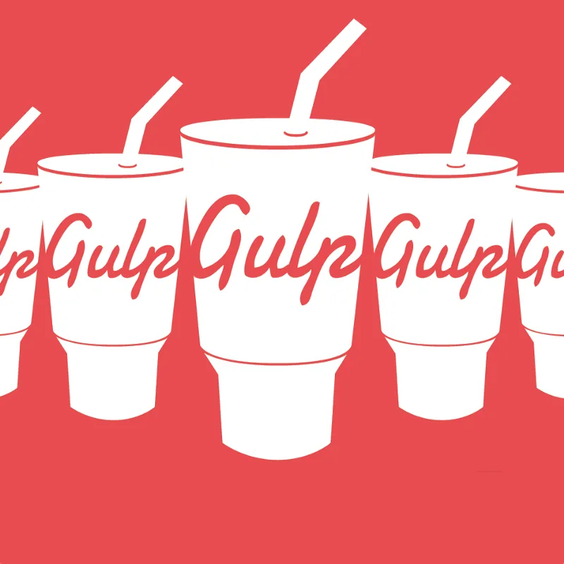 Ilustração de copos de refrigerante com canudo em fundo vermelho, cada um estampado com a palavra Gulp em letra cursiva.