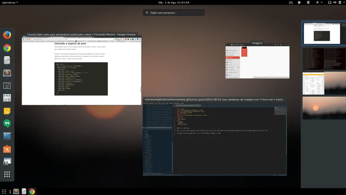 Área de trabalho do Ubuntu com o Chrome aberto num post do blog, o Sublime Text editando um arquivo markdown e um gerenciador de arquivos, com a barra de aplicativos à esquerda.
