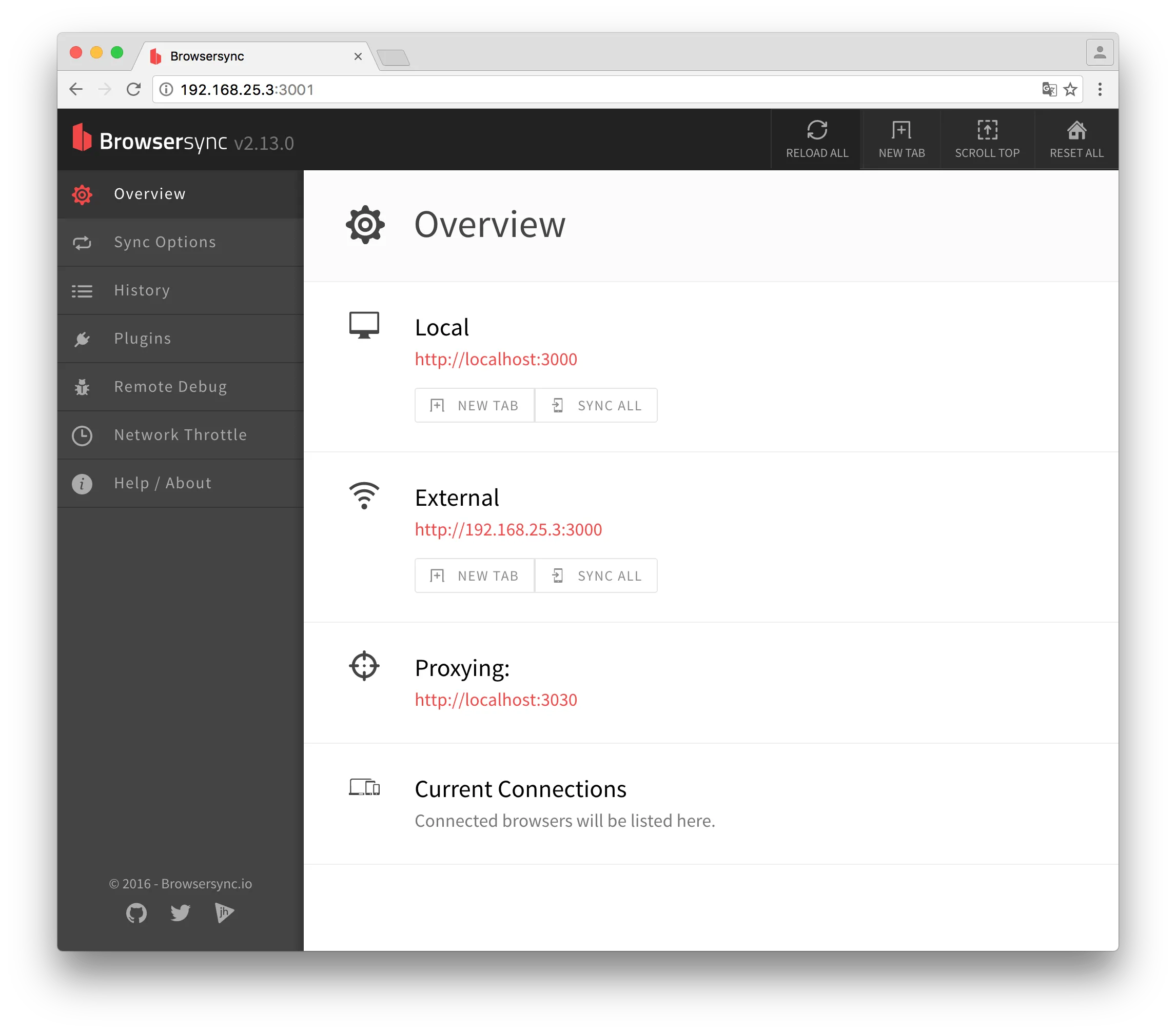 Painel de controle do Browsersync no navegador, mostrando os endereços local e externo e o menu lateral com Sync Options, History e Plugins.