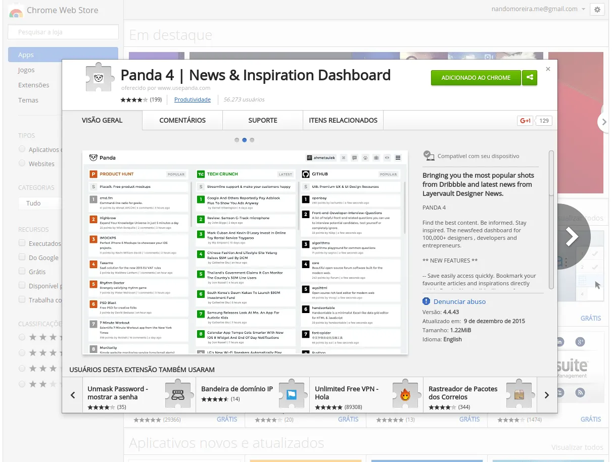 Página da extensão Panda 4 na Chrome Web Store, com a captura do painel mostrando colunas do Product Hunt, TechCrunch e GitHub.