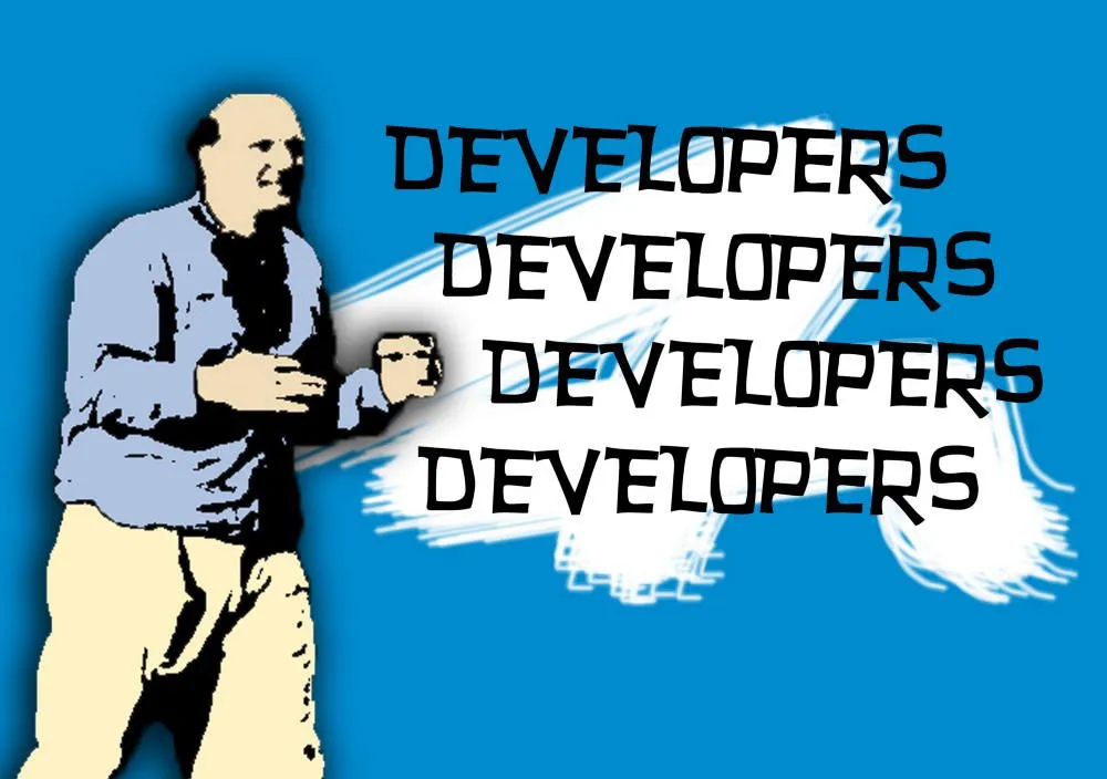 Meme do Steve Ballmer gesticulando em fundo azul, ao lado da palavra DEVELOPERS repetida quatro vezes.
