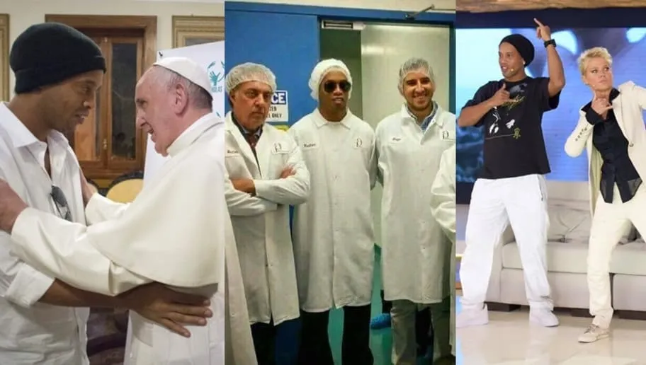 Três fotos de Ronaldinho Gaúcho lado a lado: abraçando o Papa, de jaleco e touca ao lado de dois homens, e dançando num programa de TV.