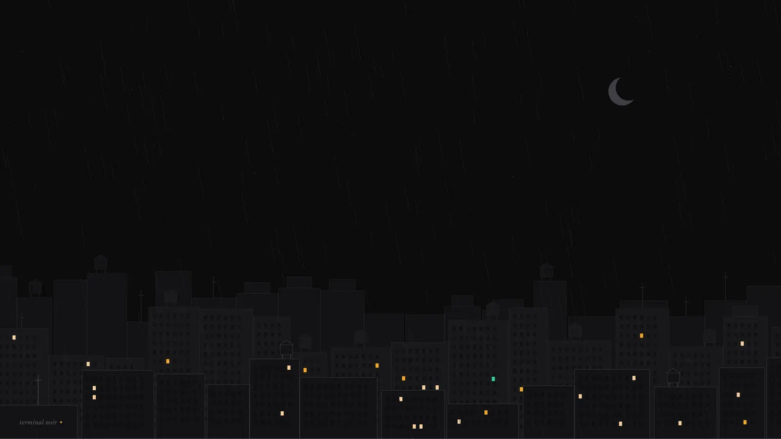 Papel de parede Noir: skyline de prédios escuros sob chuva fina e lua crescente, com janelas acesas em âmbar, uma única janela verde-esmeralda e o nome terminal noir no canto inferior esquerdo