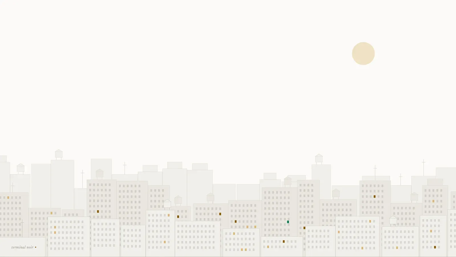Papel de parede Paper: a mesma skyline de dia, com prédios claros em tons de papel, um sol cor de areia, janelas em âmbar escuro e a mesma janela verde-esmeralda