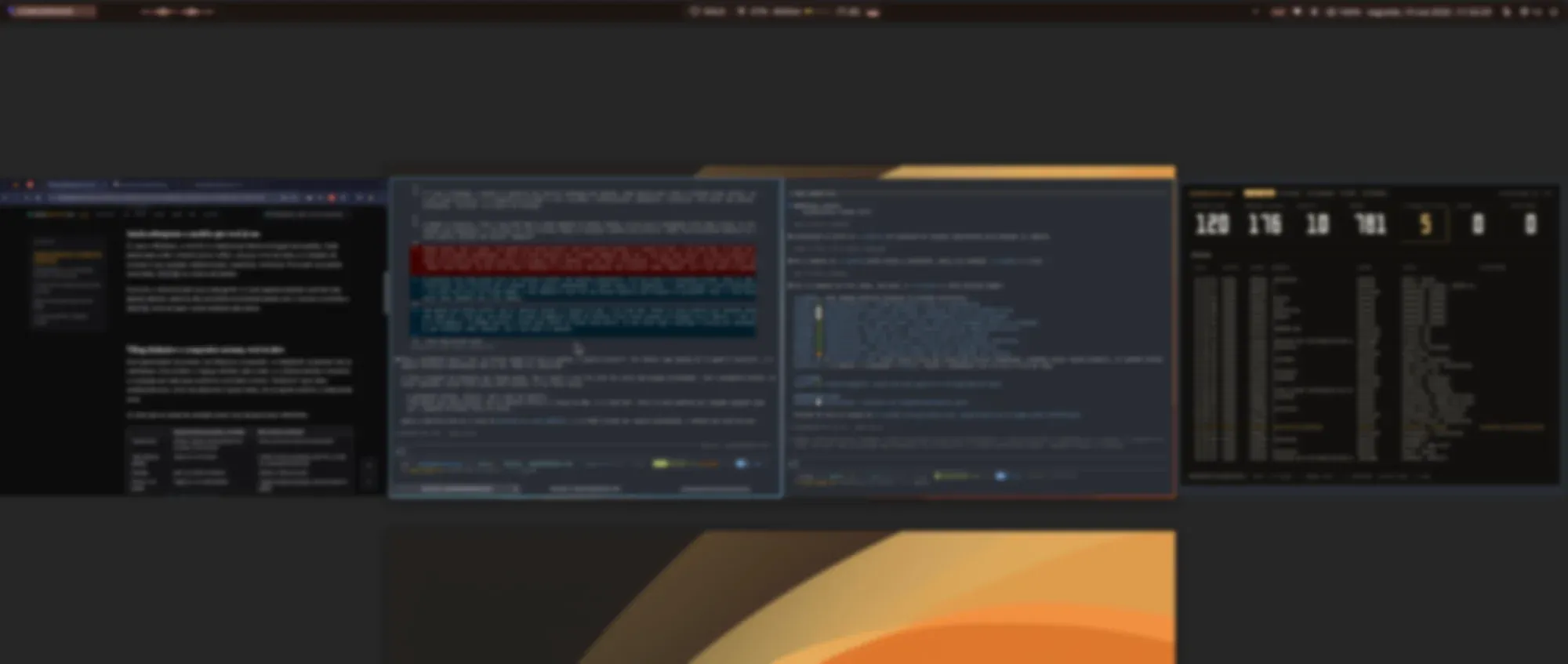 A visão de workspaces do Niri: quatro janelas alinhadas lado a lado numa fileira de rolagem horizontal (o Chrome, dois terminais e o painel de estatísticas do site), com o texto desfocado e a barra do Noctalia no topo