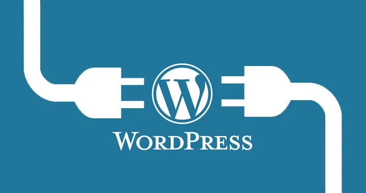Logotipo do WordPress em fundo azul, entre dois plugues elétricos brancos prestes a se conectarem.