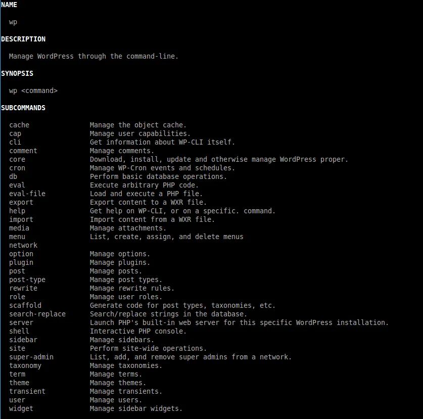 Saída do terminal com a ajuda do WP-CLI, listando os subcomandos do comando wp e a descrição de cada um.