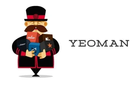 Mascote do Yeoman, um personagem de cartola e bigode segurando caixas com os logotipos de jQuery e Ember, ao lado da palavra YEOMAN.