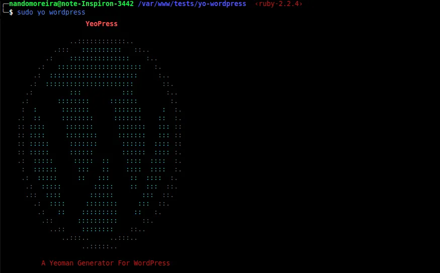 Terminal executando sudo yo wordpress, com uma caveira em arte ASCII verde e a legenda A Yeoman Generator For WordPress.