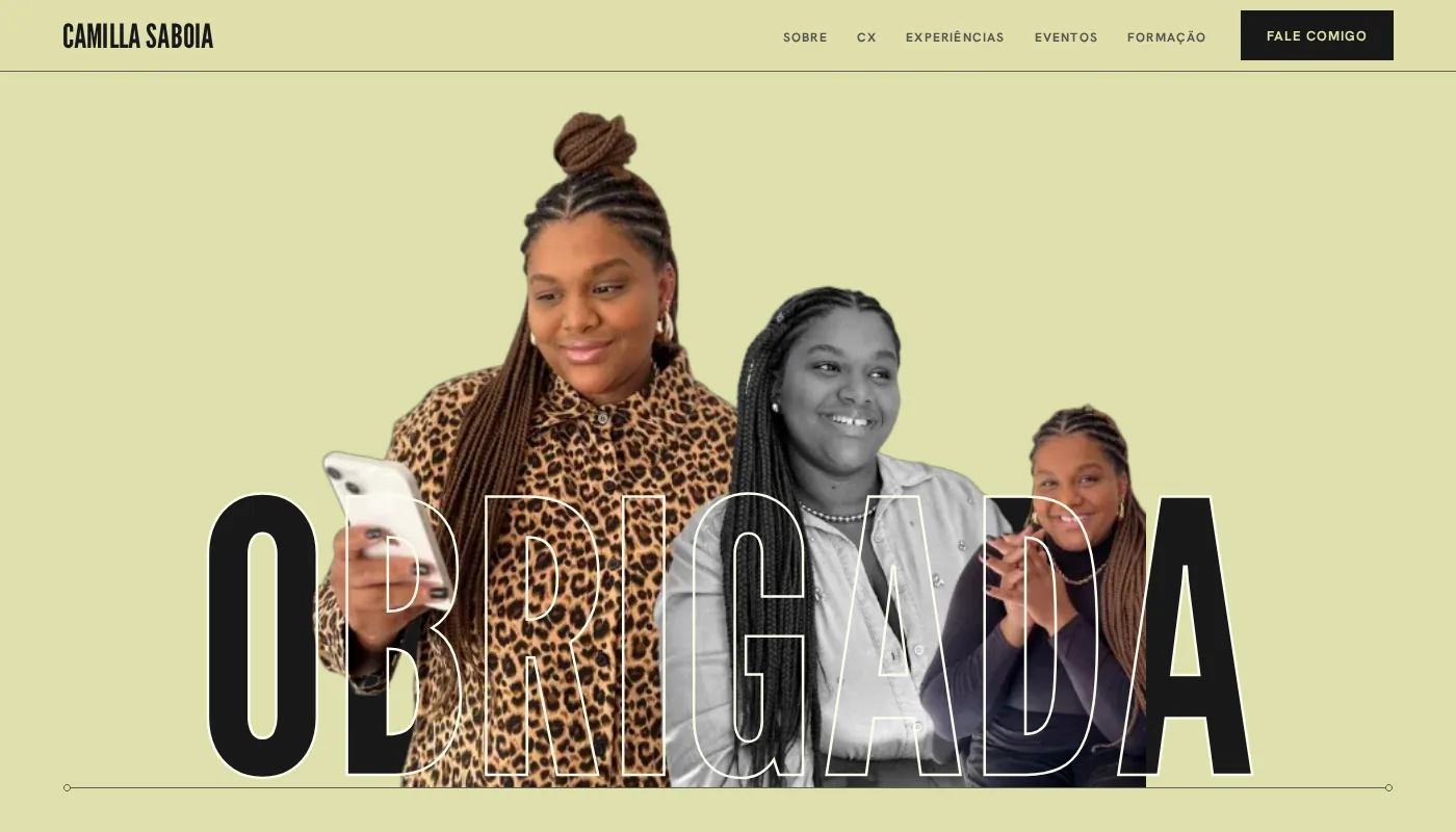 Fechamento do site: a palavra OBRIGADA em letras gigantes, sólidas e em contorno, em volta de três recortes de fotos da Camilla, um colorido e dois em preto e branco