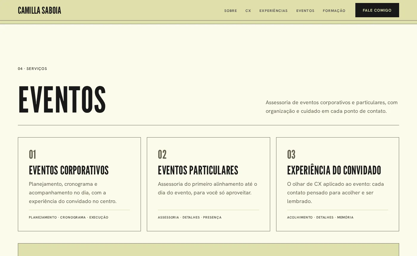 Seção Eventos sobre fundo creme: título grande, uma frase sobre assessoria de eventos e três cartões numerados, eventos corporativos, eventos particulares e experiência do convidado