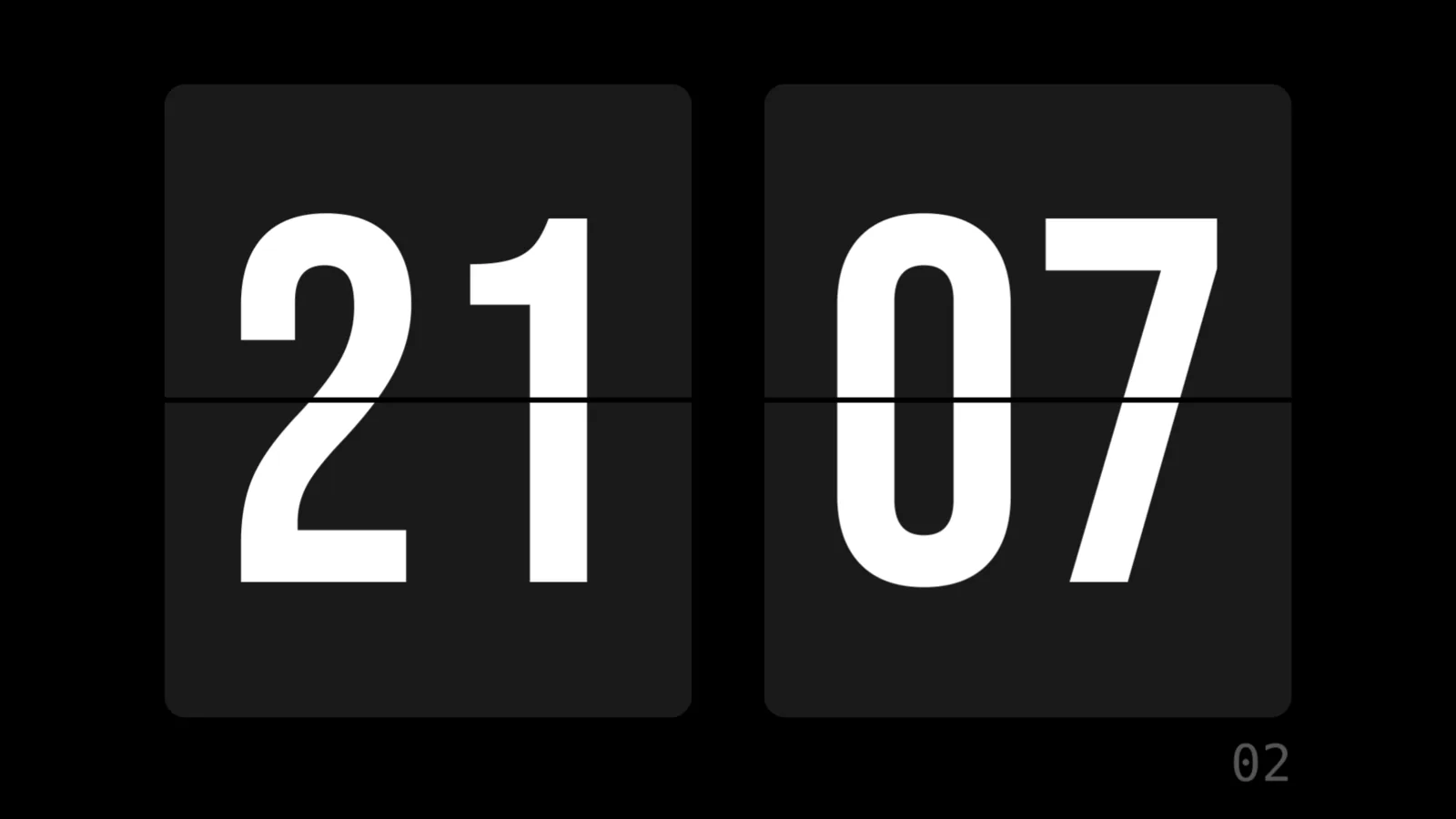 FlipClock em tela cheia mostrando 21:07 em dois cartões escuros de flip, com os segundos pequenos no canto