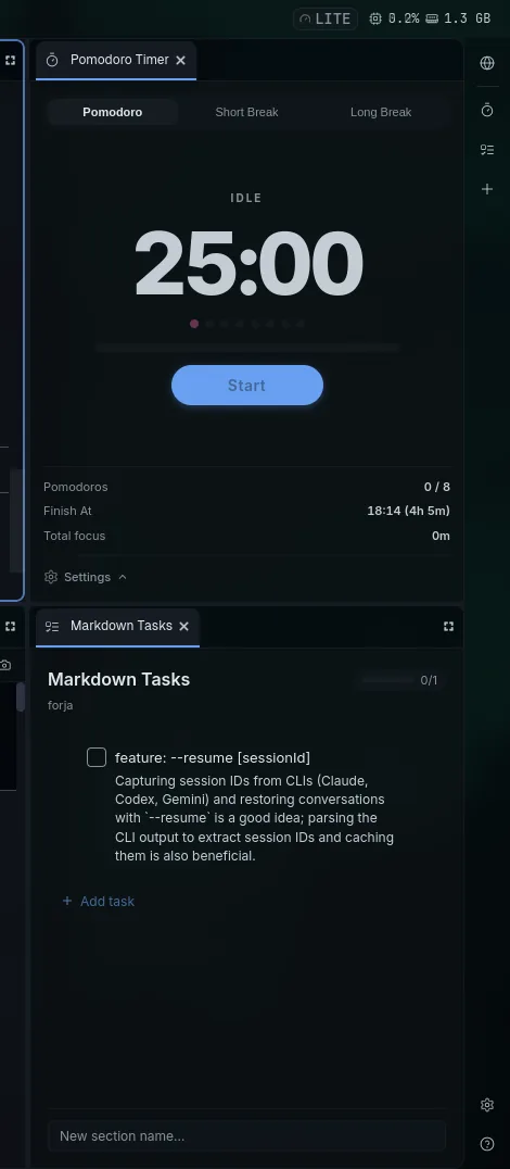 Painel lateral do Forja com dois plugins abertos: o Pomodoro Timer com 25:00 e o botão Start, e o Markdown Tasks com uma tarefa do projeto