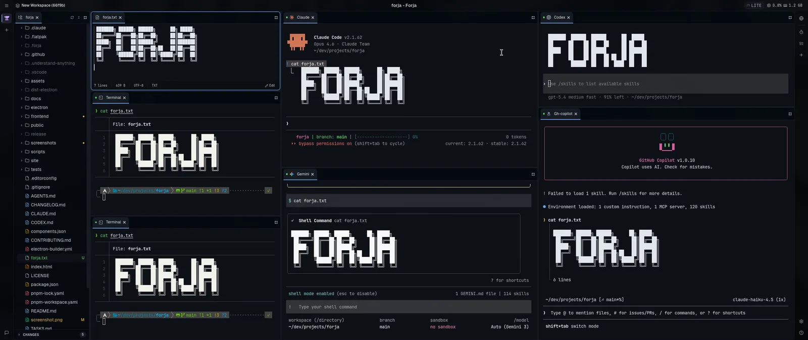 Forja com painéis lado a lado rodando Claude Code, Codex, Gemini e GitHub Copilot no mesmo projeto