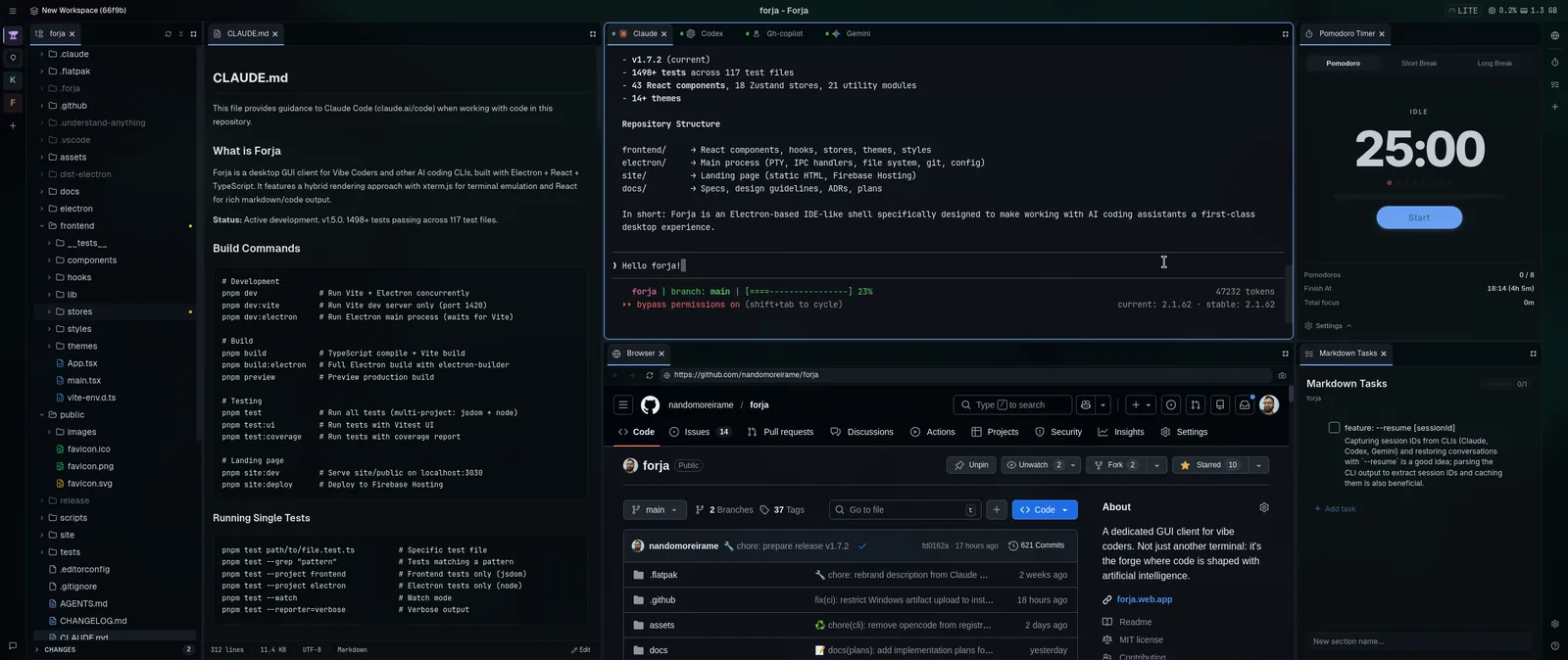 Workspace do Forja com árvore de arquivos, CLAUDE.md aberto, sessão do Claude Code, navegador embutido, timer Pomodoro e tarefas em Markdown