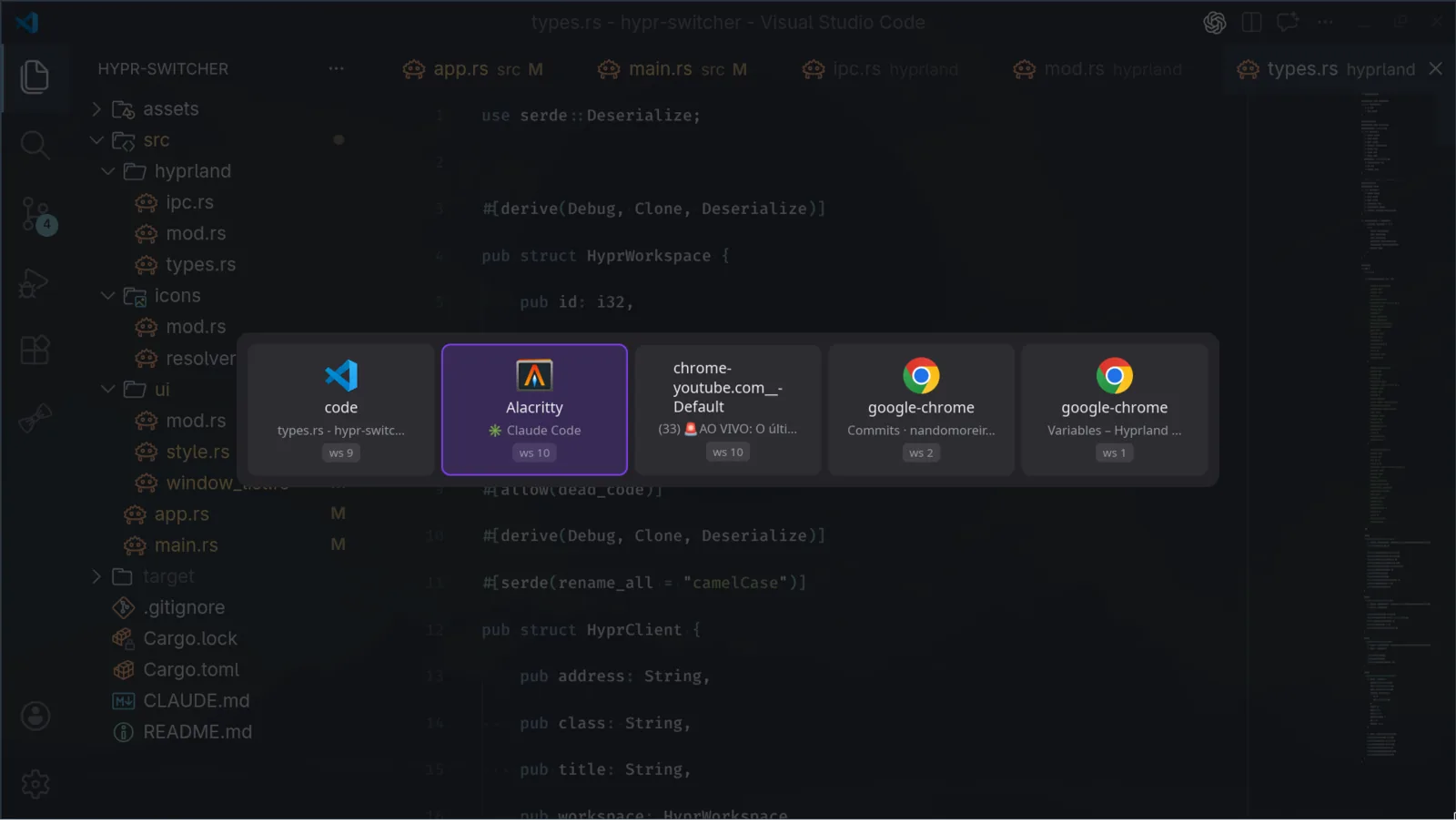 hypr-switcher sobre o editor: faixa de janelas abertas com ícone, título e workspace, e a janela selecionada em destaque