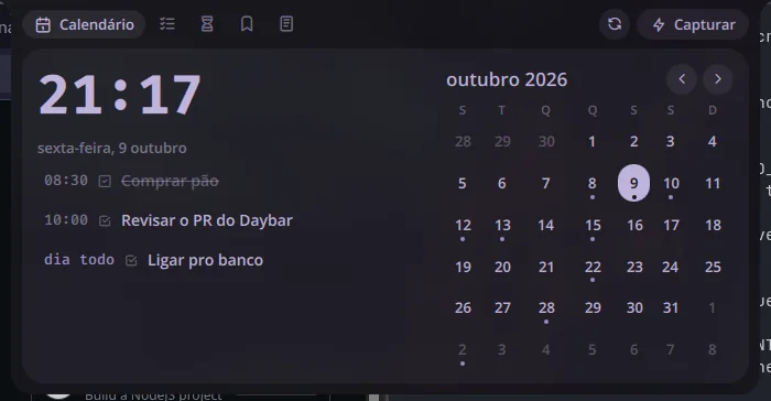 Aba Calendário do Daybar: relógio, compromissos do dia e o mês de outubro com os dias que têm evento marcados