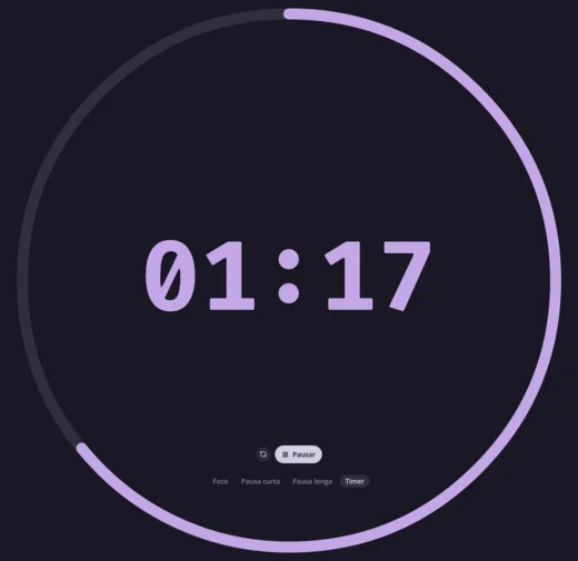 Relógio do Daybar aberto numa janela própria: contagem de 01:17 em um círculo grande, com os botões de reiniciar e pausar e as abas Foco, Pausa curta, Pausa longa e Timer embaixo
