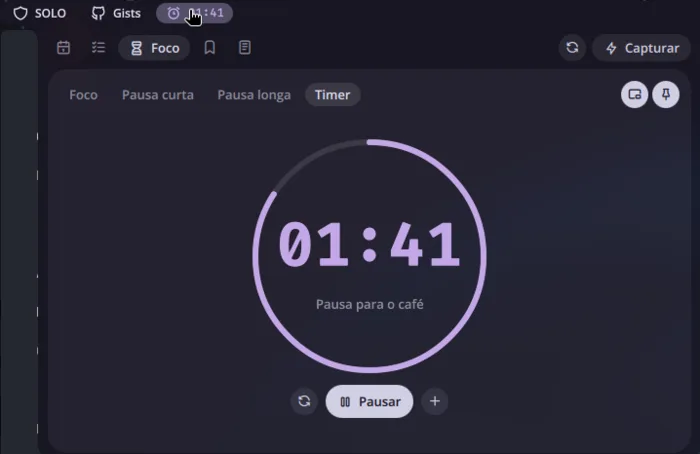Aba Foco do Daybar no modo Timer: contagem regressiva de 01:41 dentro de um círculo de progresso, com o rótulo "Pausa para o café", e a barra mostrando o mesmo tempo com o ícone de alarme