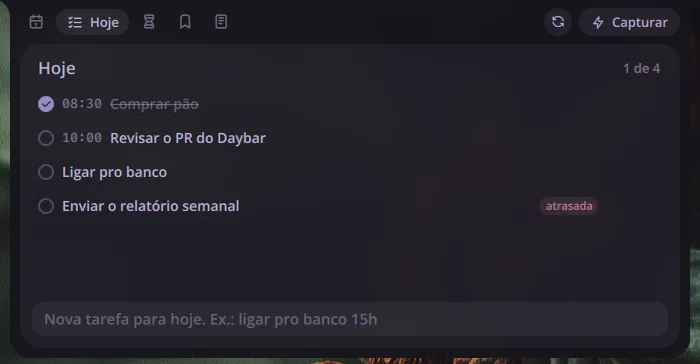 Aba Hoje do Daybar: checklist com horários, uma tarefa concluída e outra marcada como atrasada
