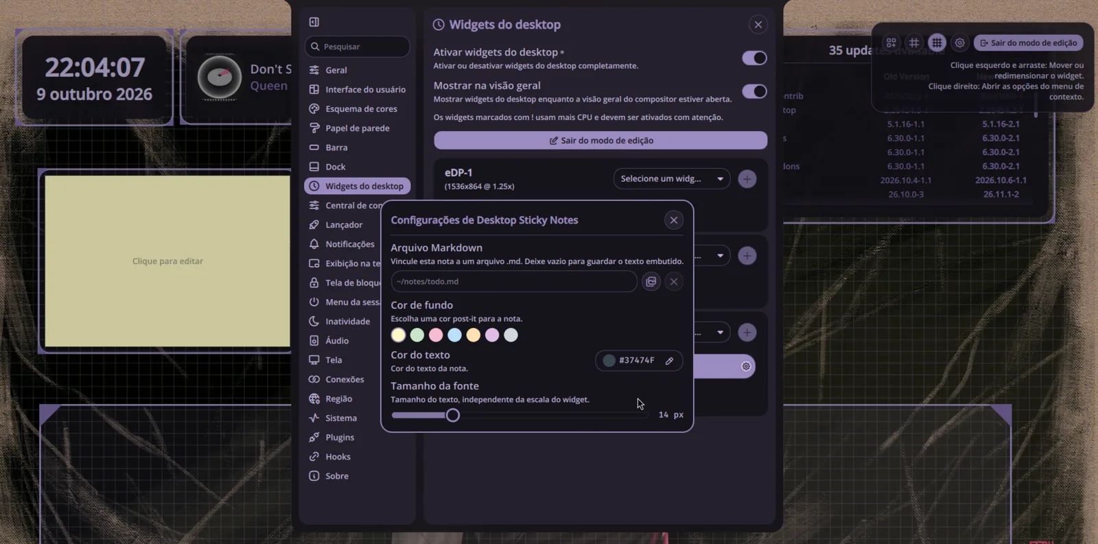 Nota adesiva amarela na área de trabalho com o painel de configurações aberto: arquivo Markdown vinculado, cor de fundo, cor do texto e tamanho da fonte