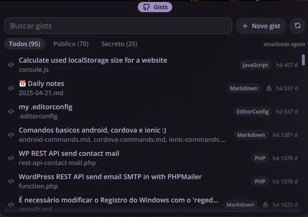Painel do Gistbar com o campo de busca, o botão Novo gist, os filtros Todos (95), Público (70) e Secreto (25) e a lista de gists, cada um com a descrição, os arquivos, o selo da linguagem e há quanto tempo foi atualizado