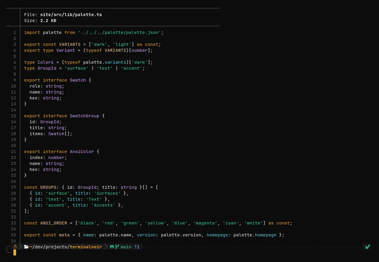 bat exibindo site/src/lib/palette.ts com o tema Terminal Noir: números de linha apagados, palavras-chave em âmbar e strings em verde