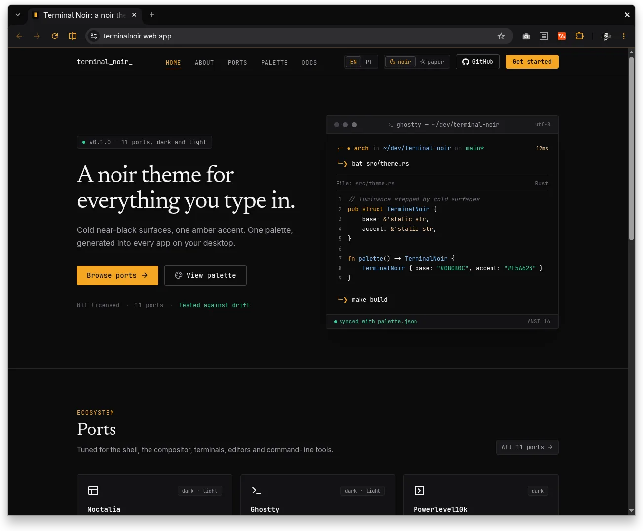 Google Chrome no Terminal Noir abrindo terminalnoir.web.app: o título "A noir theme for everything you type in.", o botão Browse ports em âmbar e uma janela de terminal de exemplo