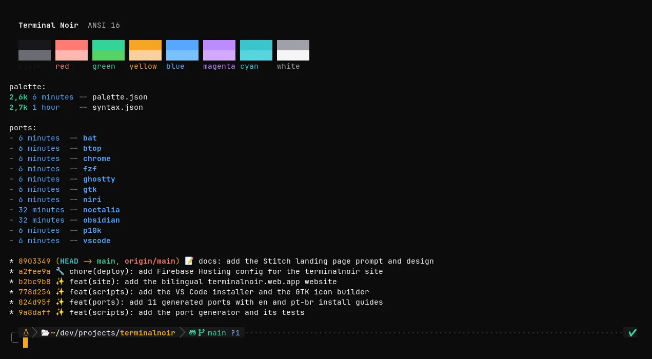 Ghostty no Terminal Noir mostrando as 16 cores ANSI em amostras, os arquivos da paleta, a lista de ports e o log do git com hashes em âmbar