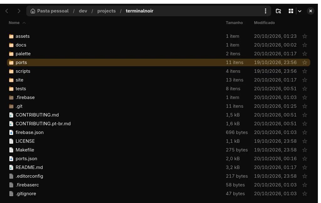 Gerenciador de arquivos GTK 4 no Terminal Noir listando a pasta do projeto, com pastas em âmbar e a linha selecionada destacada em âmbar escuro