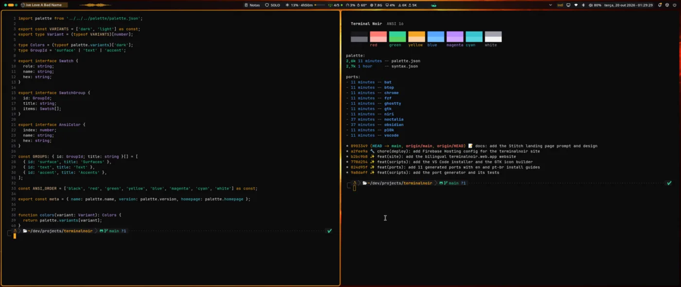 Desktop com Niri e a barra do Noctalia no Terminal Noir: código TypeScript num terminal à esquerda e, à direita, as 16 cores ANSI, a lista de ports e o histórico do git, tudo sobre fundo quase preto com bordas âmbar