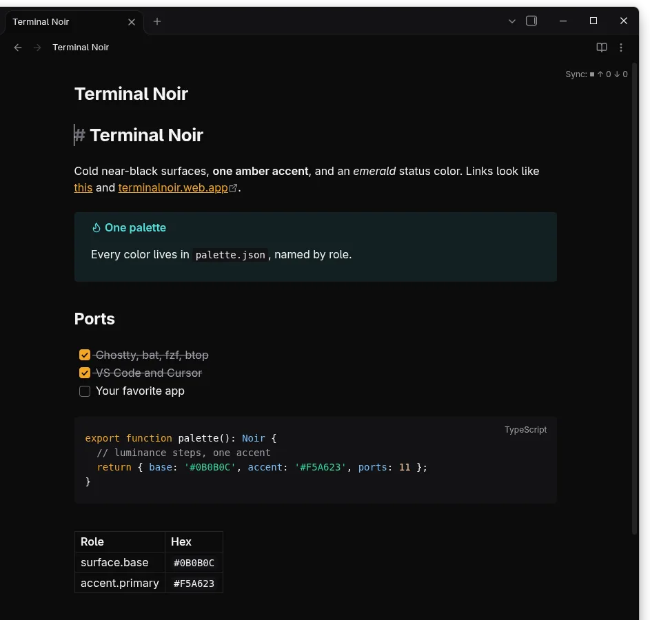 Obsidian no Terminal Noir: nota com links em âmbar, um callout em verde-azulado, checklist marcada em âmbar, bloco de código e uma tabela de cores