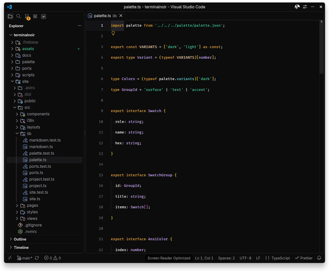 VS Code no Terminal Noir com o explorador de arquivos do projeto e o palette.ts aberto: palavras-chave em âmbar, strings em verde e tipos em lilás