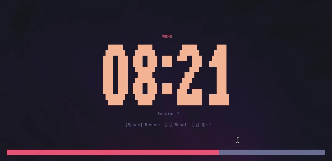 tumodori no terminal: sessão de trabalho com 08:21 em dígitos grandes, atalhos de teclado e a barra de progresso