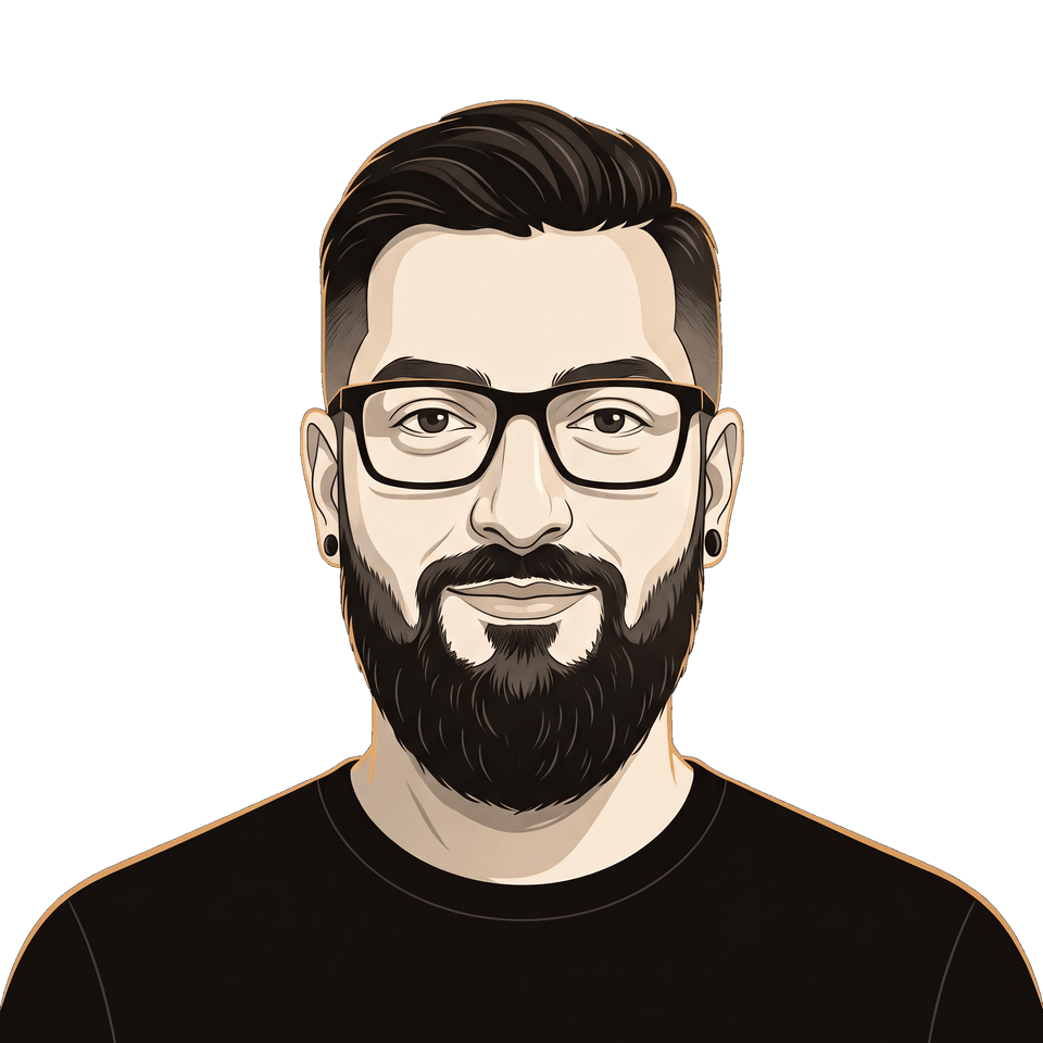 Ilustração de Fernando Moreira: retrato de óculos e barba sobre fundo escuro com linhas âmbar
